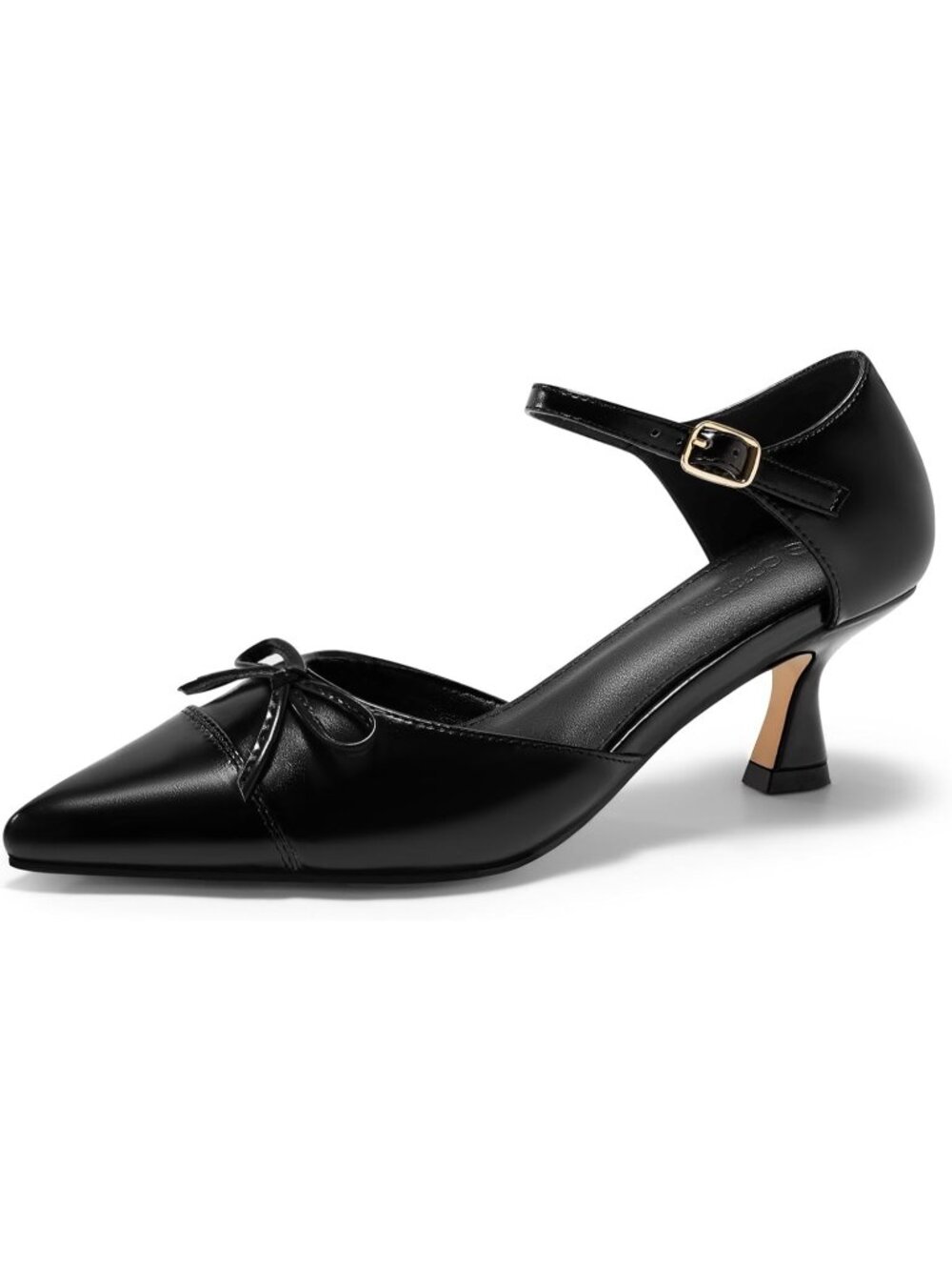 Women's Black Bow Low Heel Pointed Toe Kitten Heels With Ankle Strap Shoes